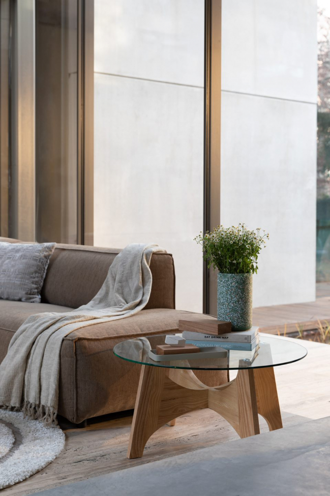 Tavolino 'Kobe' Rotondo 80cm - Naturale/Vetro