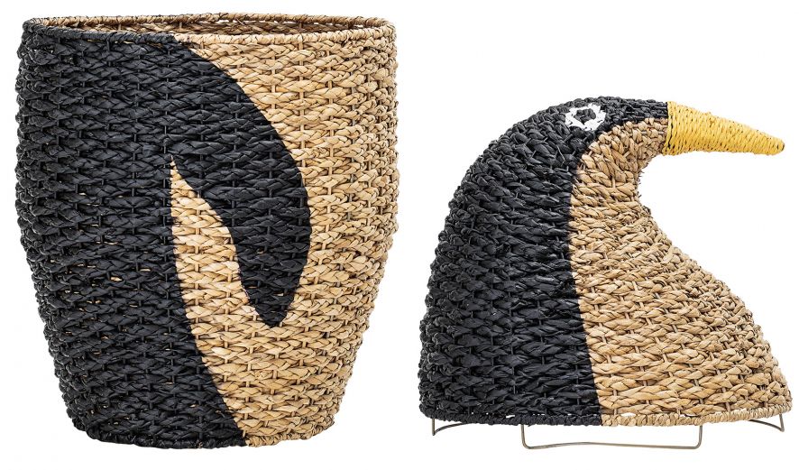 Cesto con coperchio 'Pingvin' - Nero/Naturale
