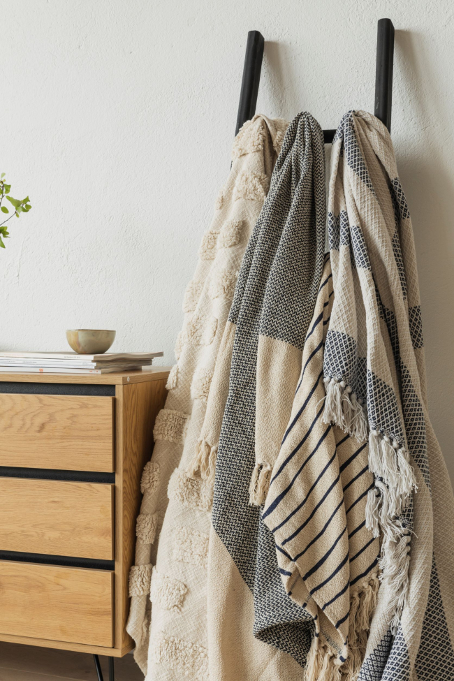 Coperta in cotone riciclato 'Skiss' - Beige/Blu